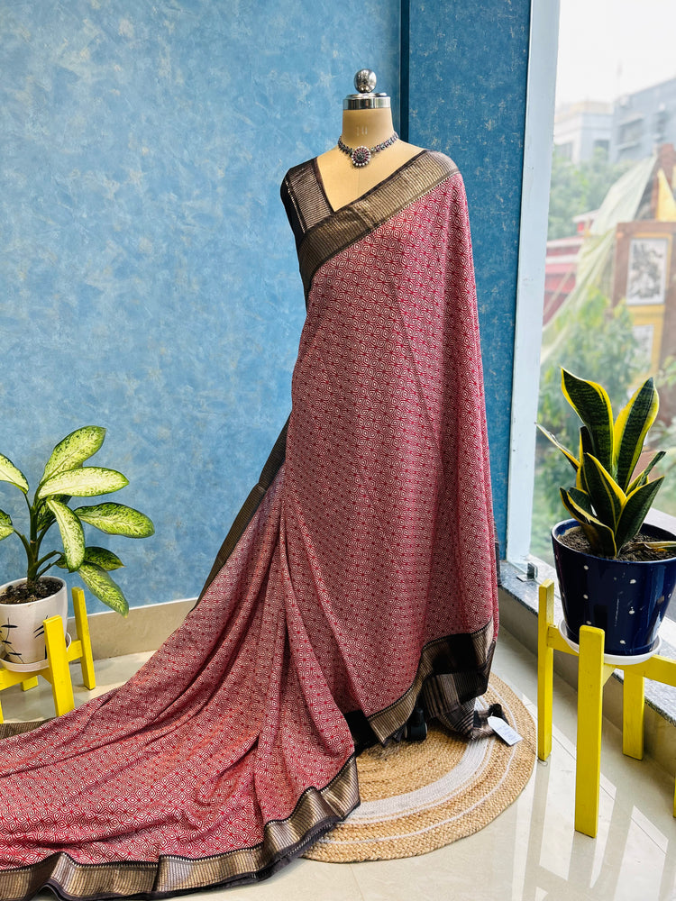 Maroon Geomatric Pattern Spun Chanderi Sari