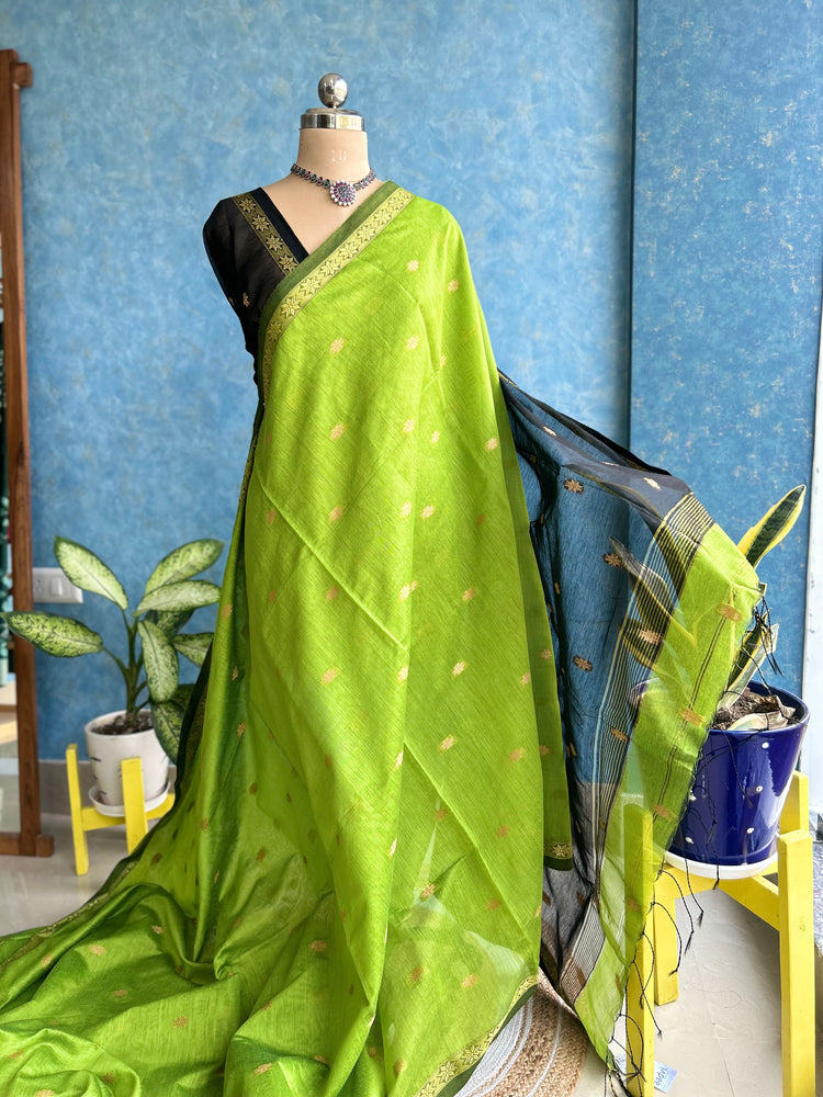 Handwoven Parakeet with Black Cotton Silk Sari