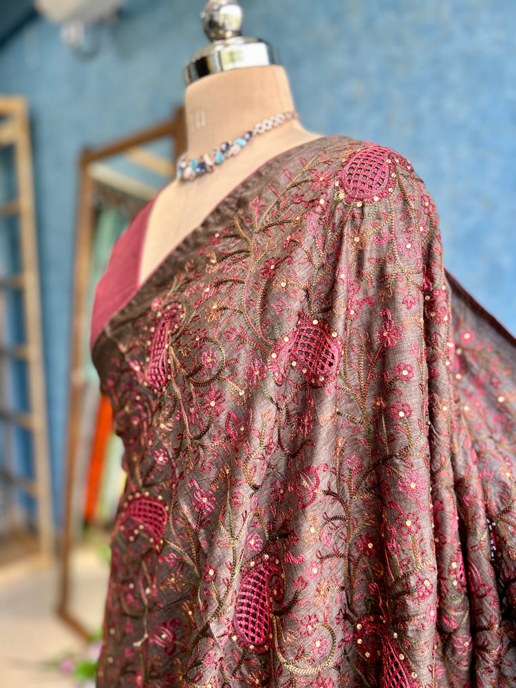 Coffee Brown Cutwork Embroidery Sari