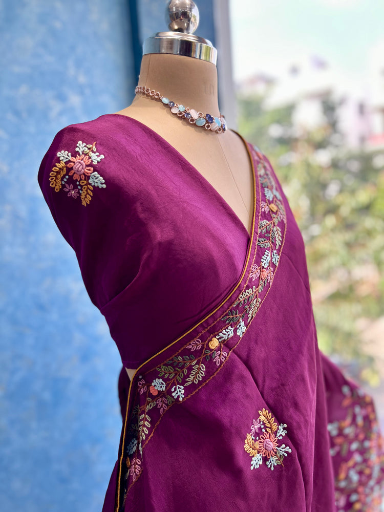 Wine Multi Thread Embroidery Sari