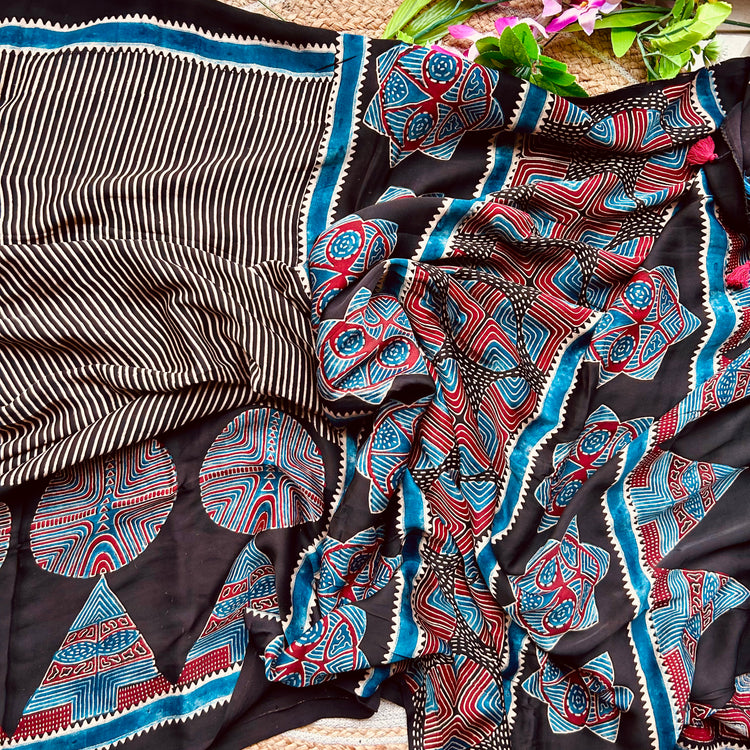 BLACK AJRAK BLOCK PRINTED MODAL SILK SARI