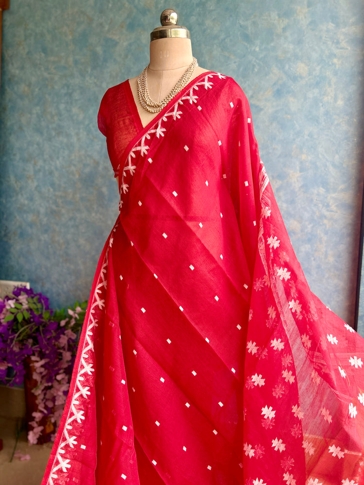 Red White Soft Dhakai Jamdani