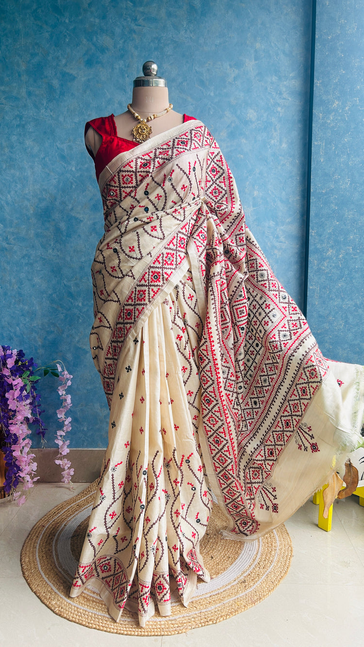 Off White Hand Embroidered Kutch and Mirror Work Gachi Tusser Silk