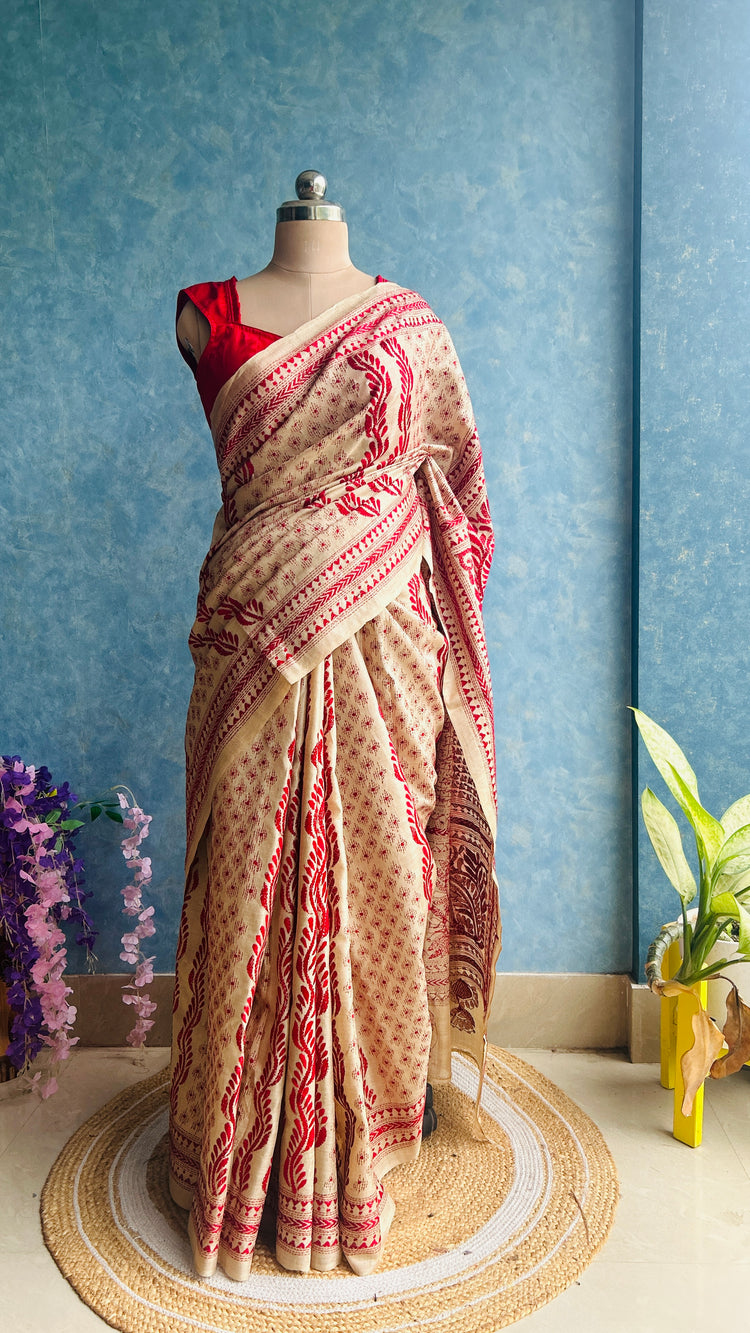 Beige Kantha Embroidery on Gachi Tusser Silk