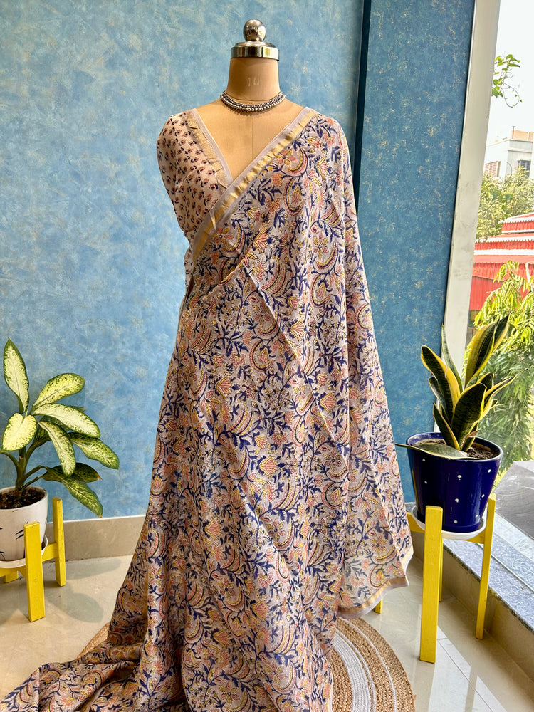 Dim Gray Hand Block Printed Chanderi Sari