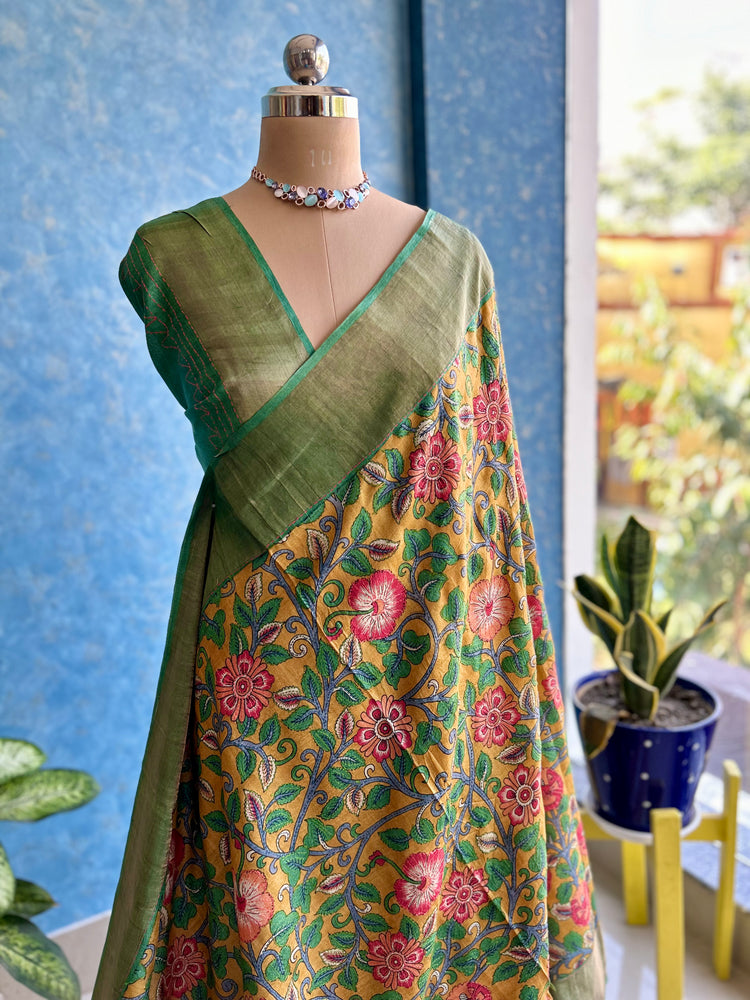 Kalamkari Handpaint with Katha Stitch on Pure Tussar Silk