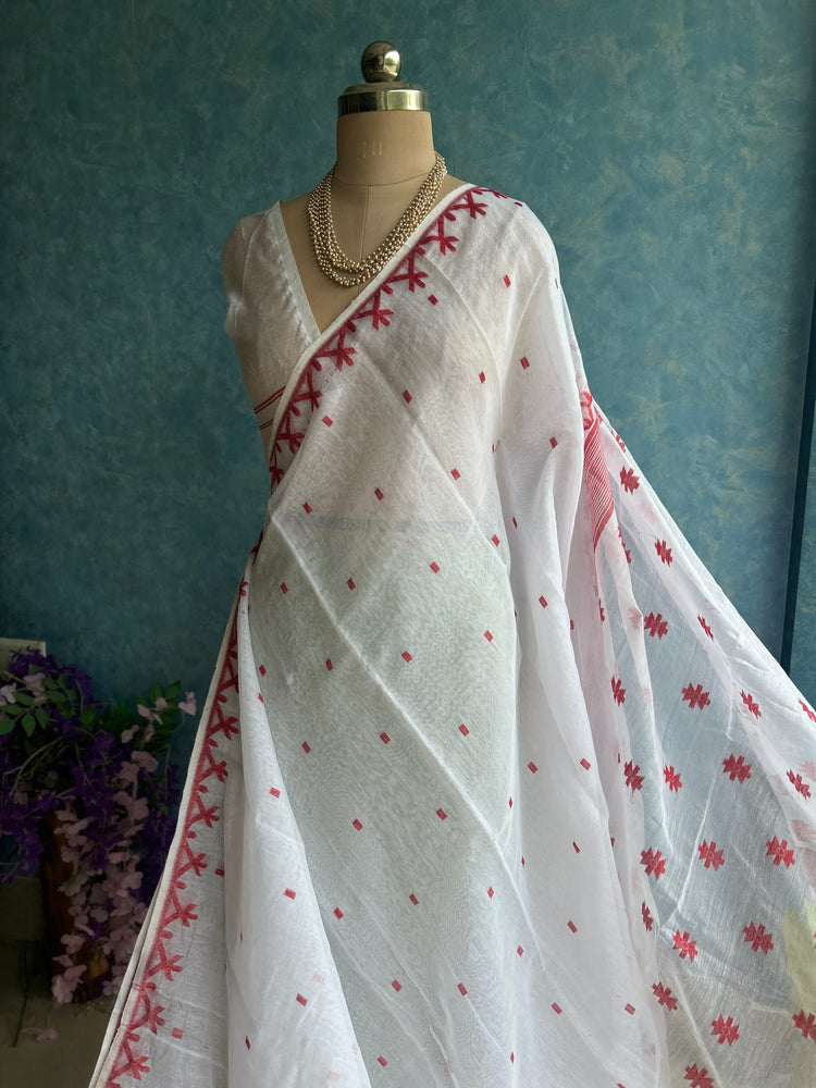 White Red Soft Dhakai Jamdani