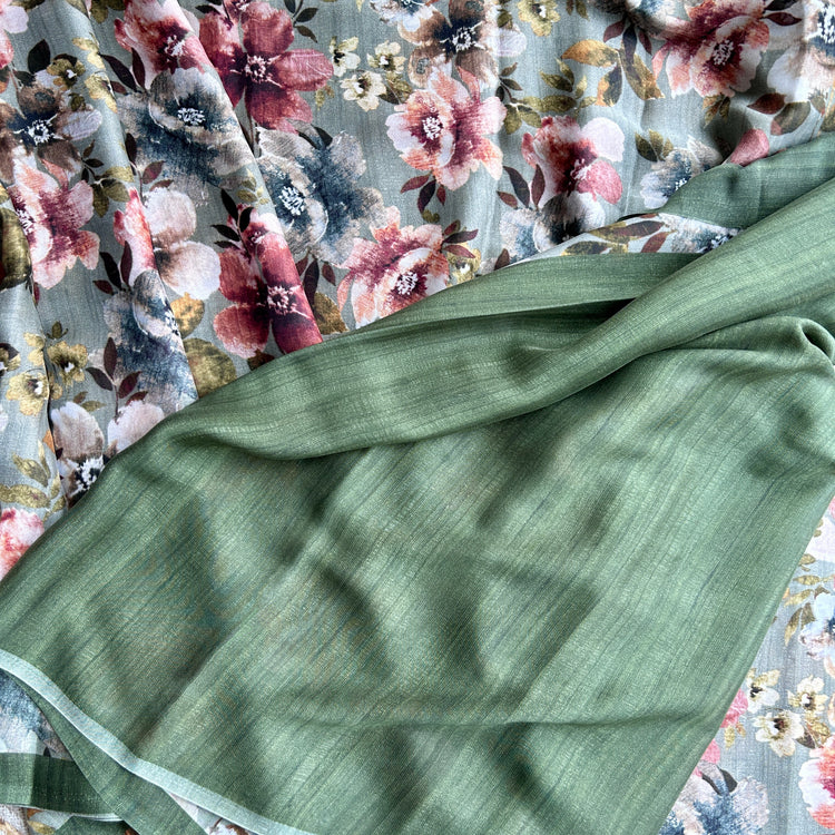 Sage Grey Crepe Chiffon Vintage  Printed Saree