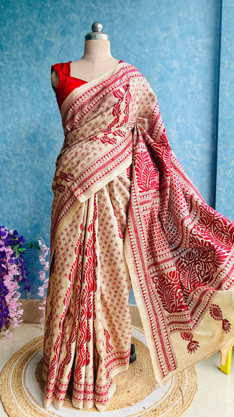 Beige Kantha Embroidery on Gachi Tusser Silk