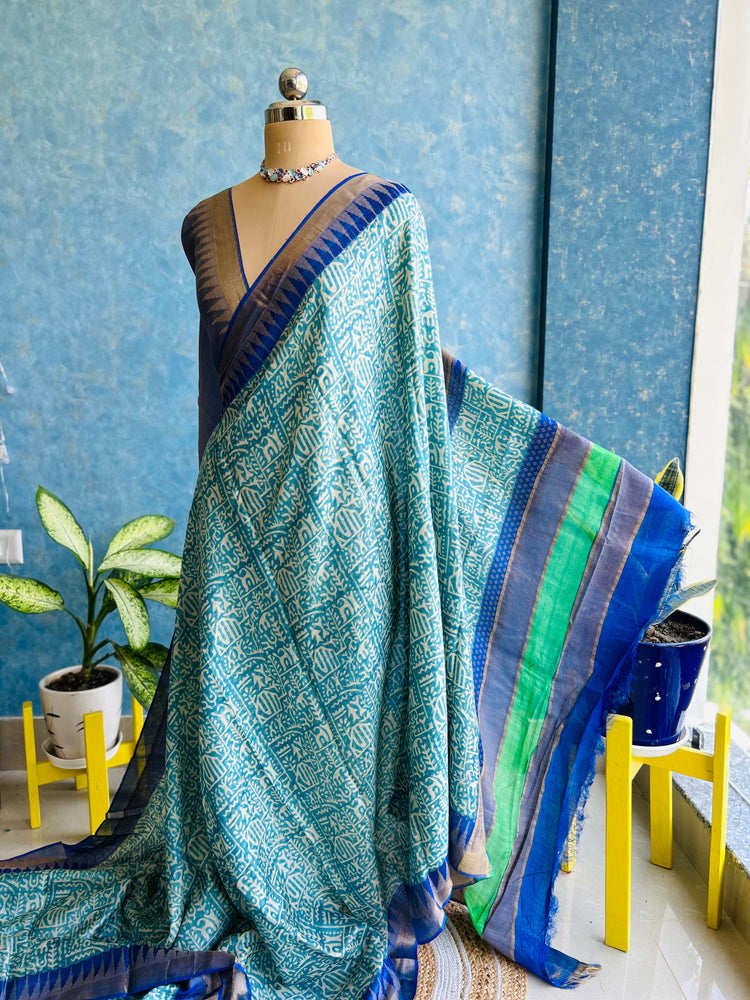 Teal Blue Hand Block Print on Pure Tussar Silk