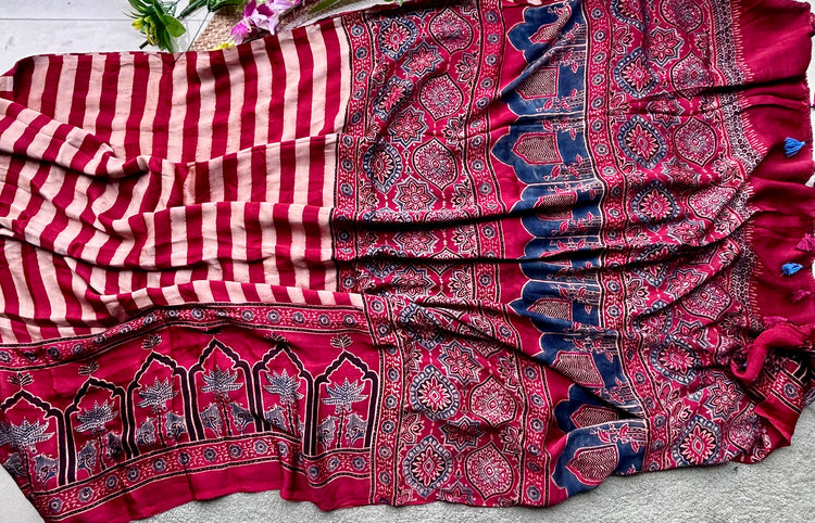 RUBY RED AJRAK BLOCK PRINTED MODAL SILK SARI