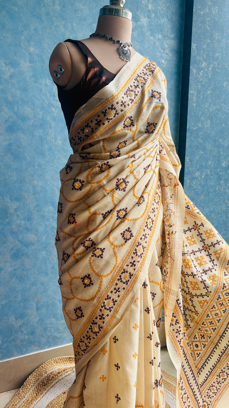 Off White Hand Embroidered Kutch and Mirror Work Gachi Tusser Silk