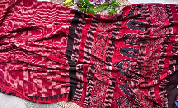 MAROON RED AJRAK BLOCK PRINTED MODAL SILK SARI