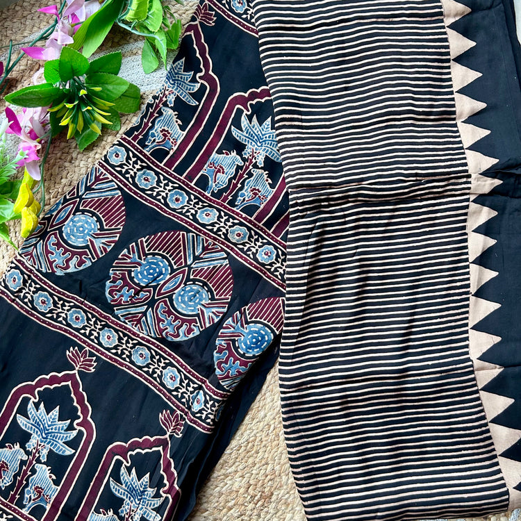 BLACK AJRAK BLOCK PRINTED MODAL SILK SARI