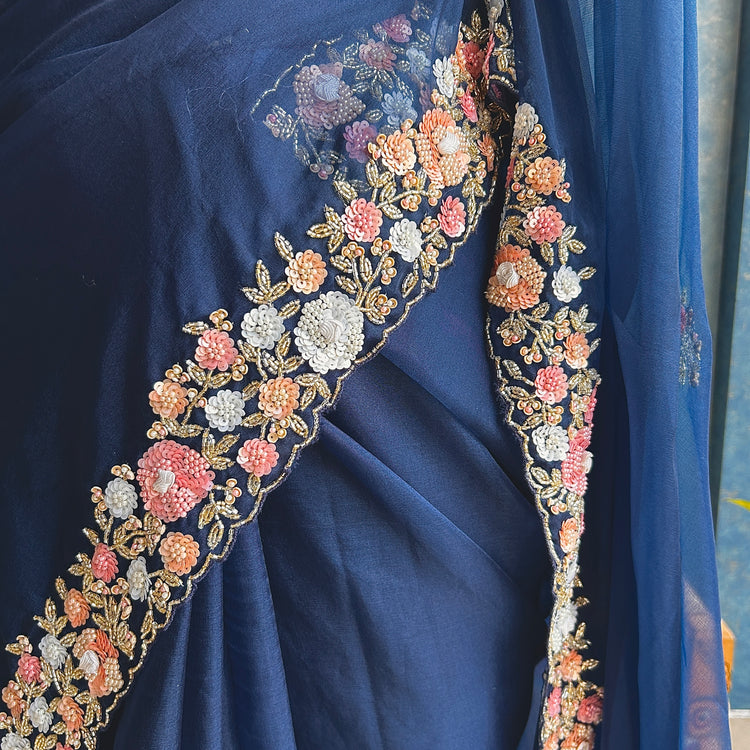 Midnight Blue Hand Embroidery on Organza Sari