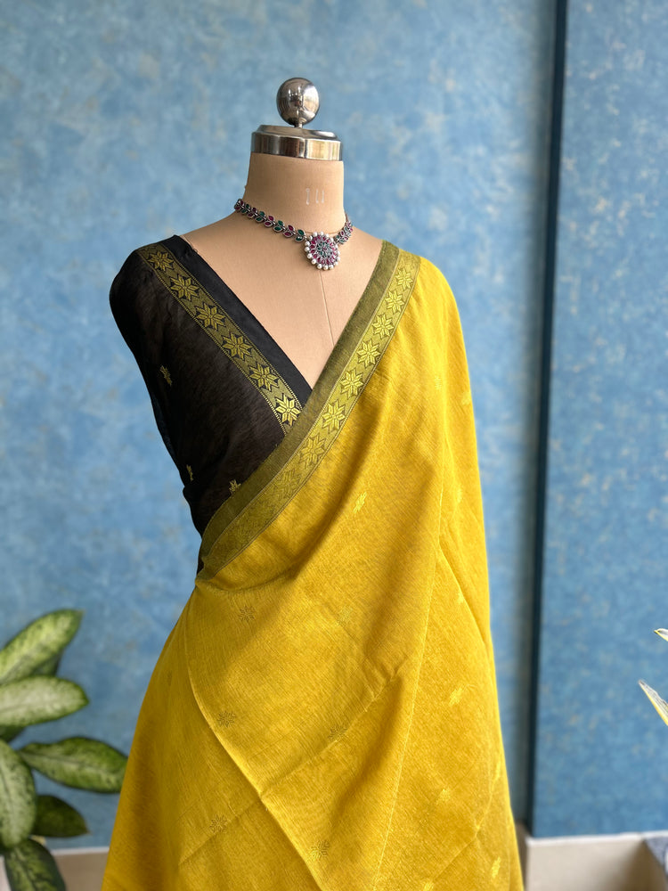 Handwoven Mustard with Black Cotton Silk Saree