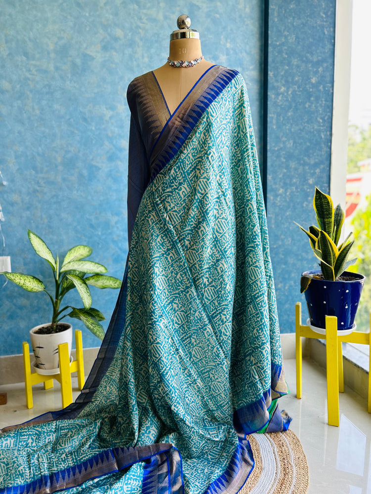 Teal Blue Hand Block Print on Pure Tussar Silk