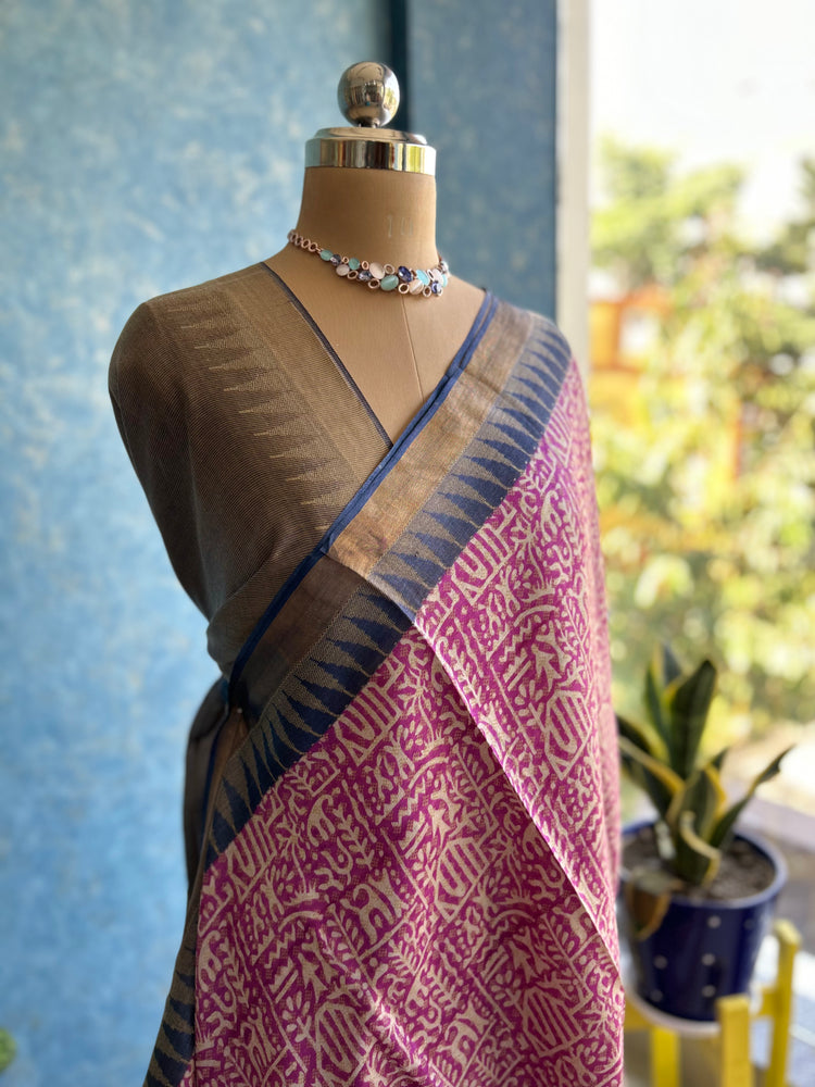 Magenta Hand Block Print on Pure Tussar Silk