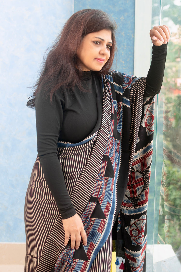 BLACK AJRAK BLOCK PRINTED MODAL SILK SARI