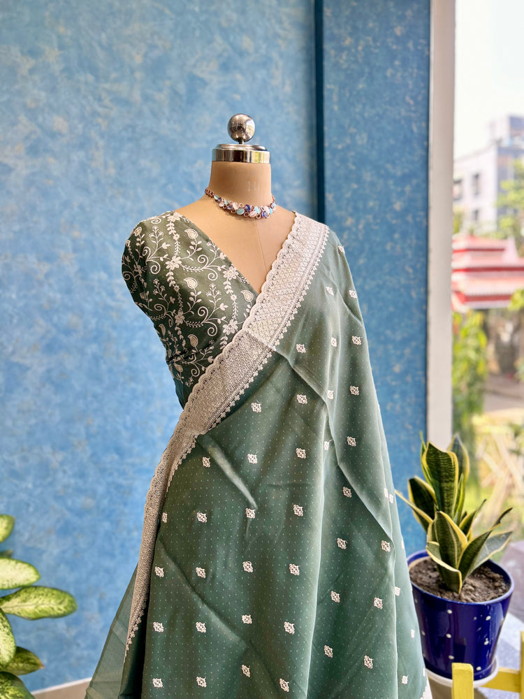 Clearspring Green Embroidery Sari