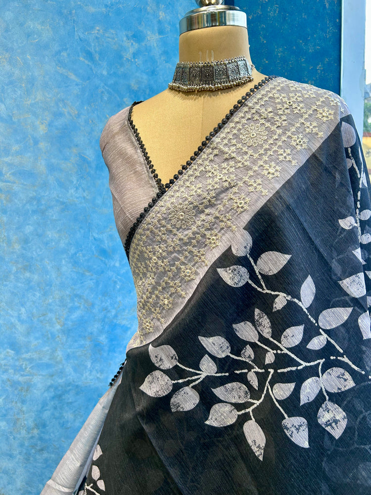 Dark Grey Embroidery And Leaf Printed Sari