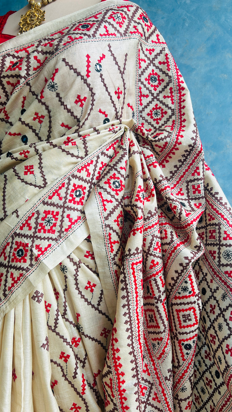 Off White Hand Embroidered Kutch and Mirror Work Gachi Tusser Silk