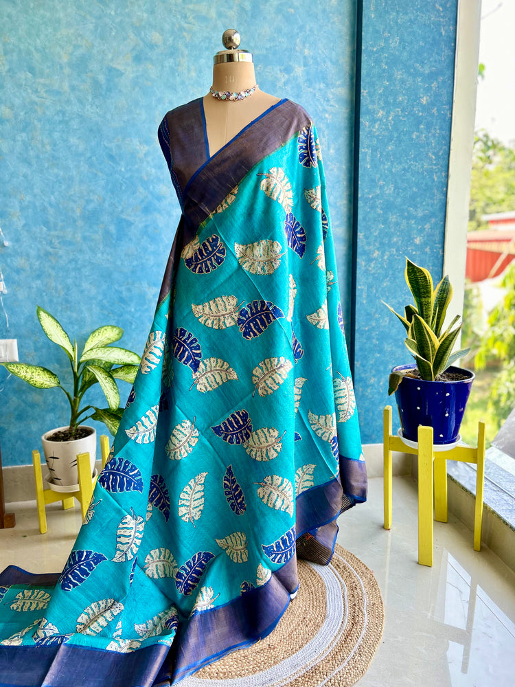 Sky Blue Handpaint with Katha Stitch on Pure Tussar Silk