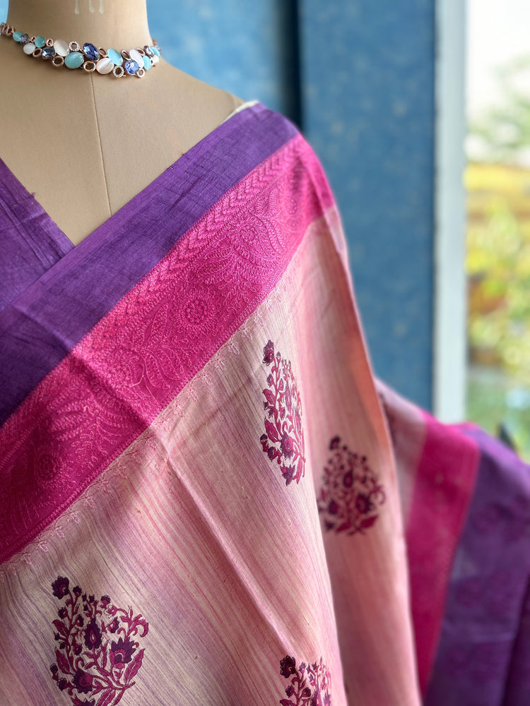 Handblock with chikankari Border on Pure Tussar Silk