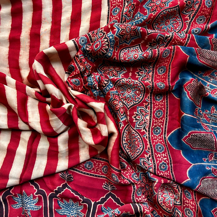 RUBY RED AJRAK BLOCK PRINTED MODAL SILK SARI