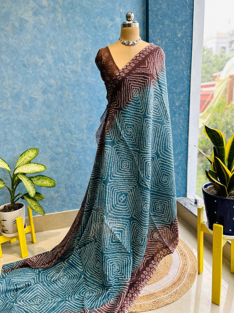 Artic Blue With Brown Bandhni Printed Spun Chanderi Sari