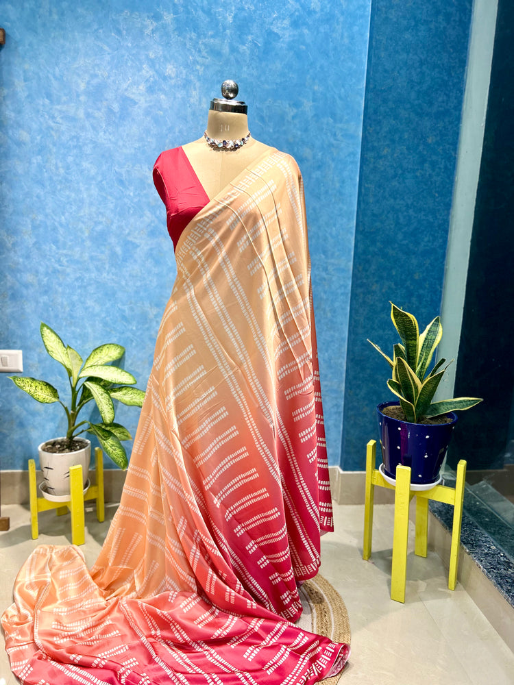 Beautiful Peach and Pink Satin Sari