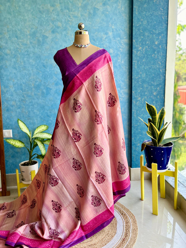 Handblock with chikankari Border on Pure Tussar Silk