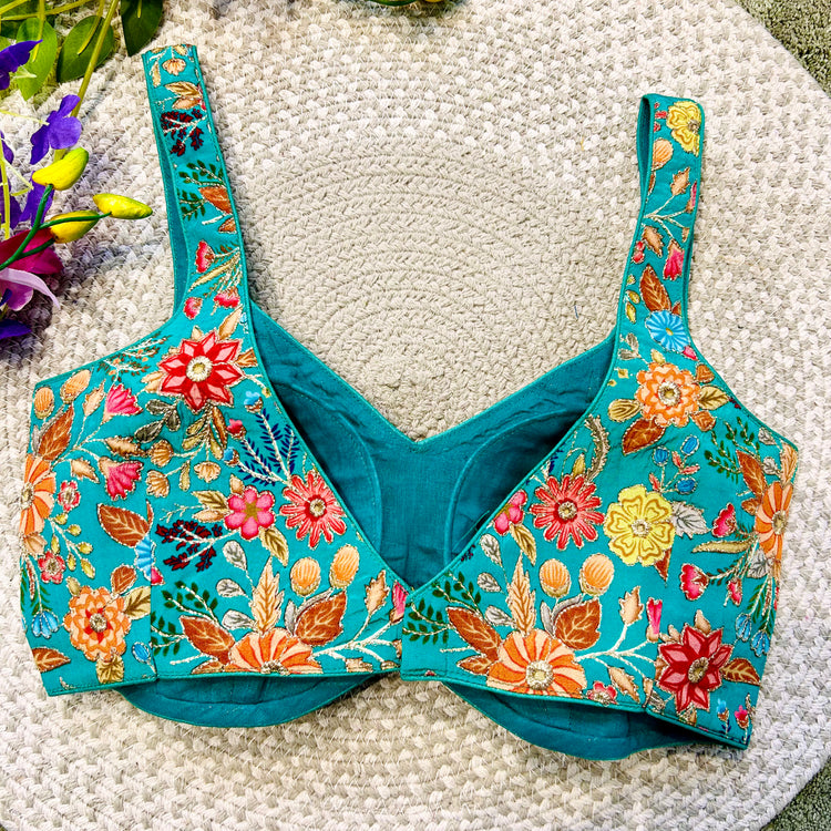 Turquoise Floral Designer Blouse