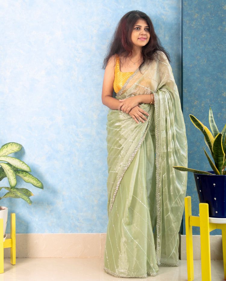 Pistachio Hand Embroidery on Jimmy Choo Sari