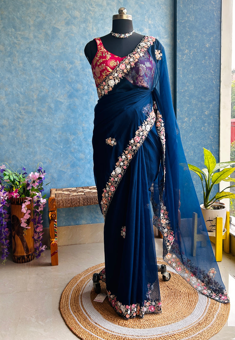 Midnight Blue Hand Embroidery on Organza Sari