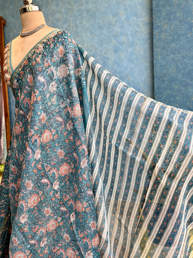 Crystal Teal Hand Block Printed Chanderi Sari