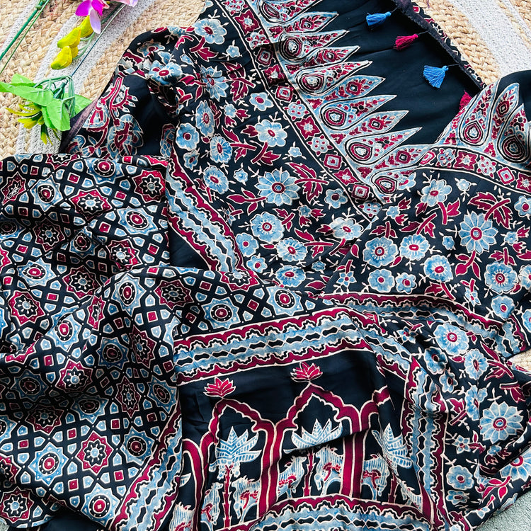 BLACK AJRAK BLOCK PRINTED MODAL SILK SARI