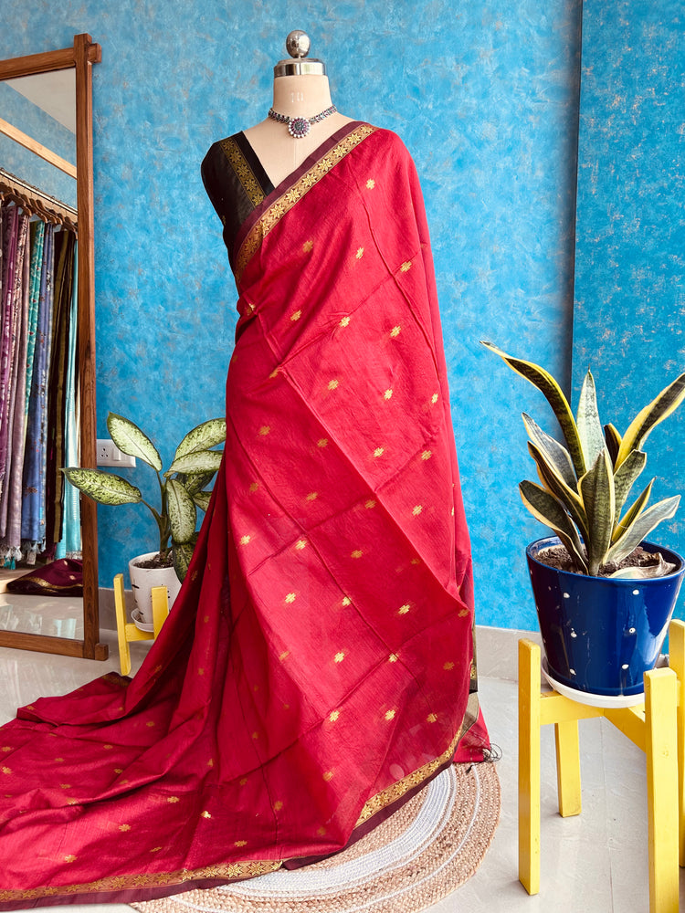 Handwoven Red with Black Cotton Silk Sari