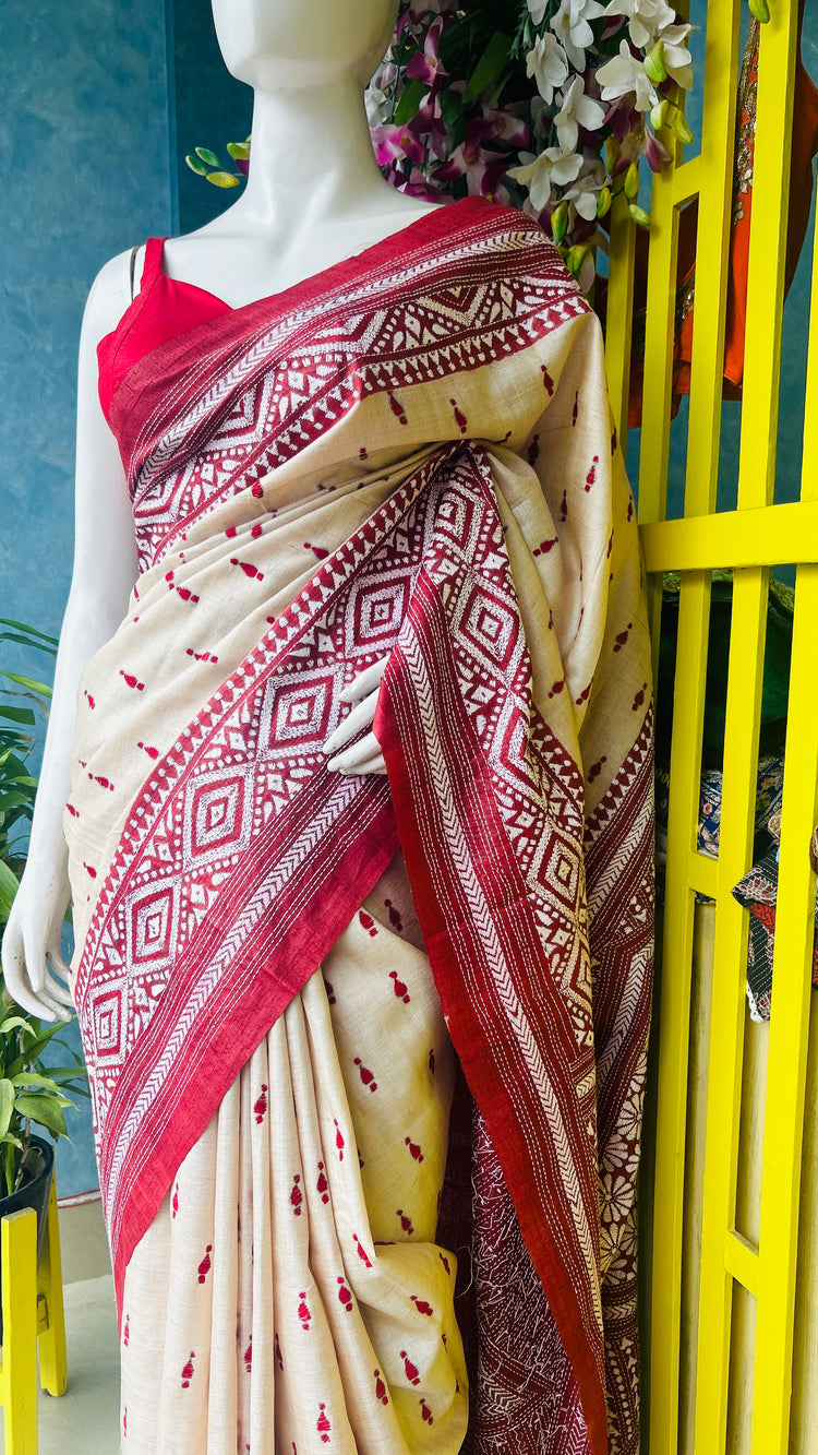 Off White Kantha Embroidery on Gachi Tusser Silk