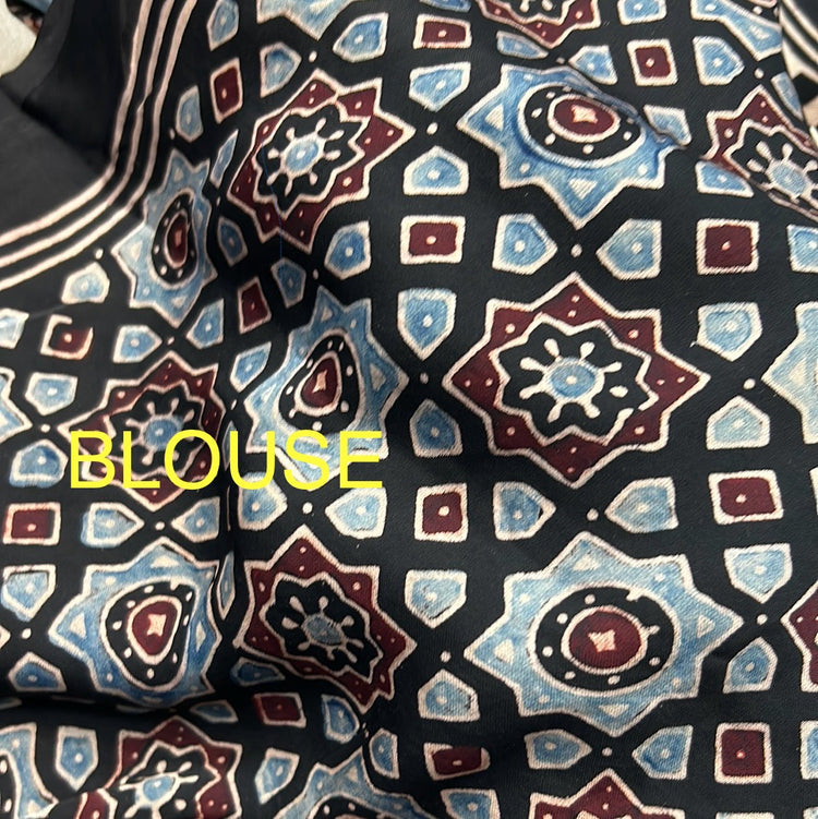 BLACK AJRAK BLOCK PRINTED MODAL SILK SARI