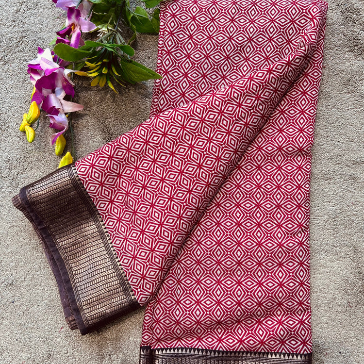 Maroon Geomatric Pattern Spun Chanderi Sari