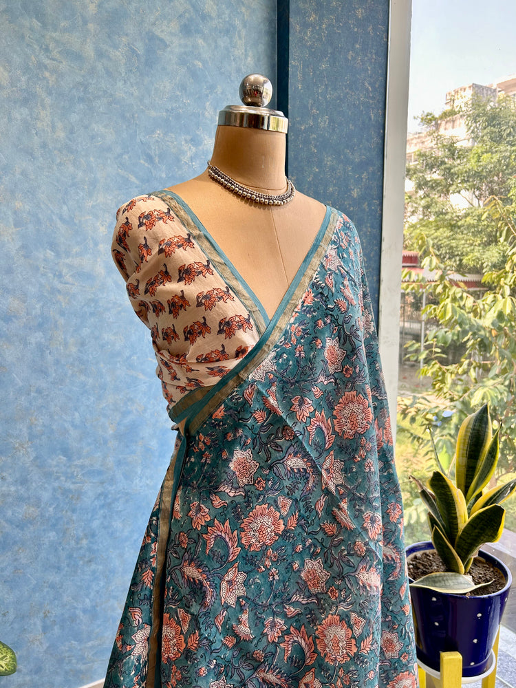 Crystal Teal Hand Block Printed Chanderi Sari
