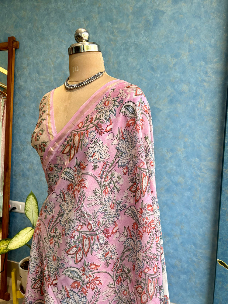 Blush Pink Hand Block Printed Chanderi Sari