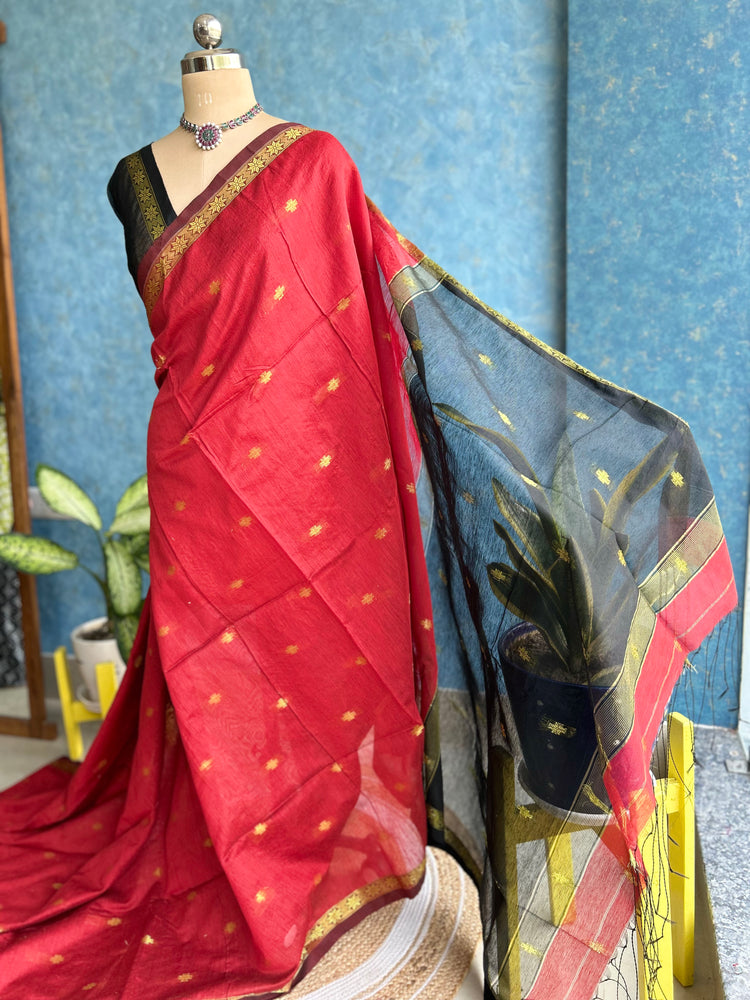 Handwoven Red with Black Cotton Silk Sari