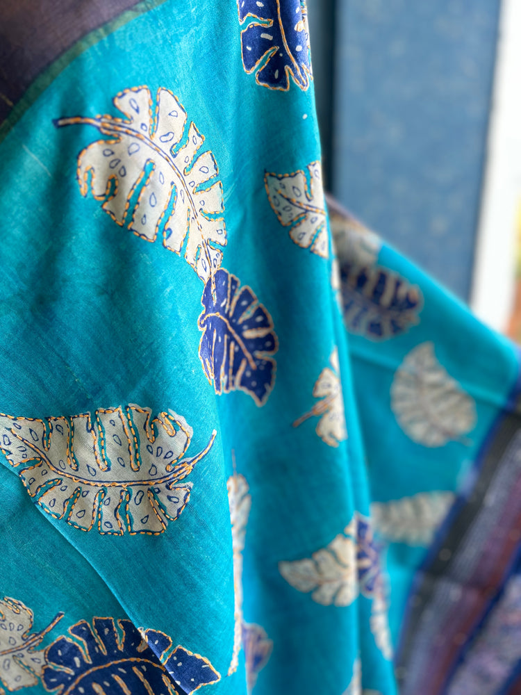 Sky Blue Handpaint with Katha Stitch on Pure Tussar Silk