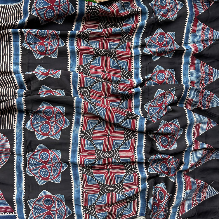 BLACK AJRAK BLOCK PRINTED MODAL SILK SARI