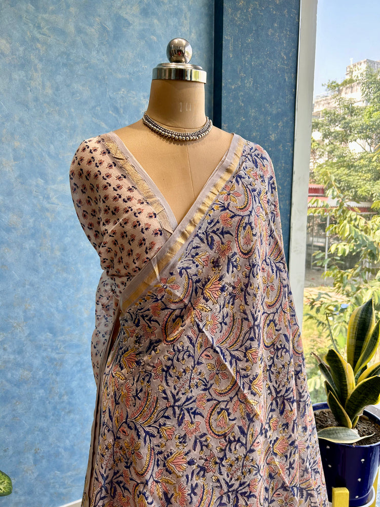 Dim Gray Hand Block Printed Chanderi Sari