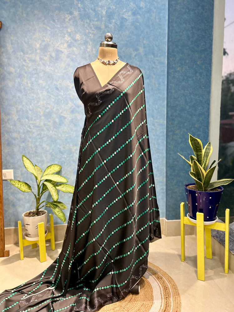 Beautiful Black and Green Satin Sari