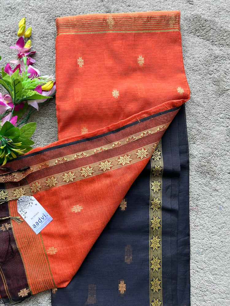 Handwoven Black with Orange Cotton Silk Sari