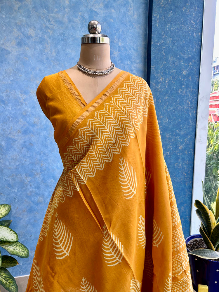 Canary Hand Block Printed Chanderi Sari